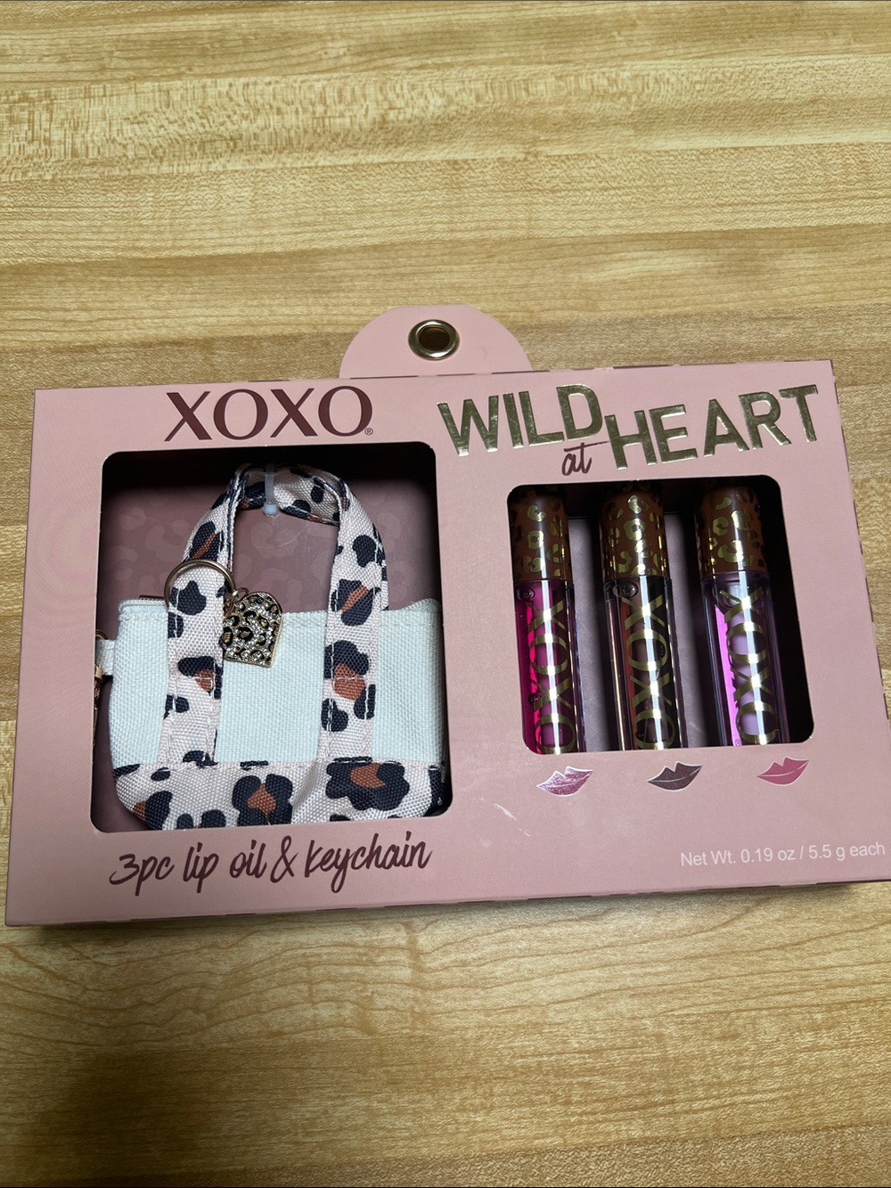 #2810**XOXO Pink Lip Oil Trio with Leopard Accent Mini Tote Keychain